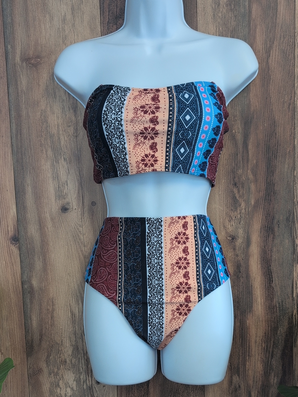 SHEIN Color Block Patterned Bandeau High-Waist Bikini Set L F316